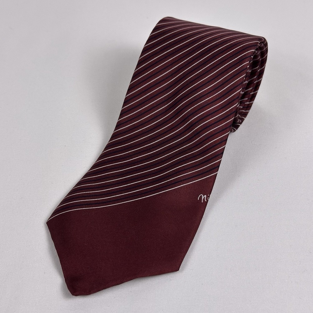 Nina Ricci Maroon Silk Tie Pink Navy Classic Diagonal Stripe 3" W Made In France